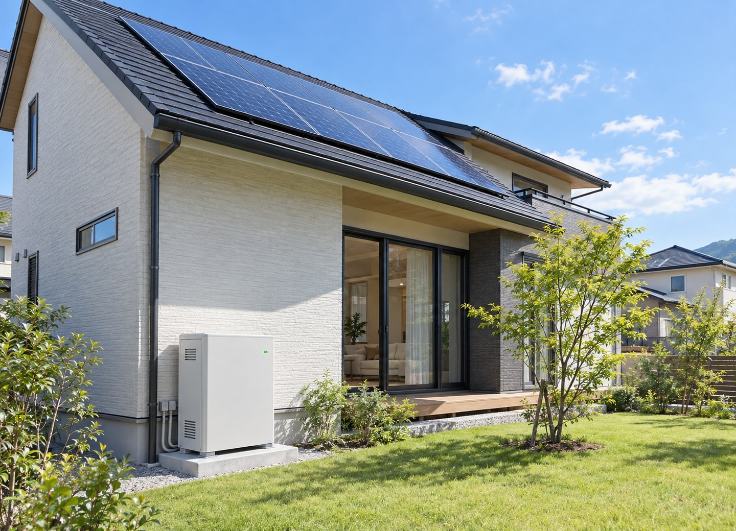 住宅の屋根の太陽光パネルと蓄電池（イメージ）